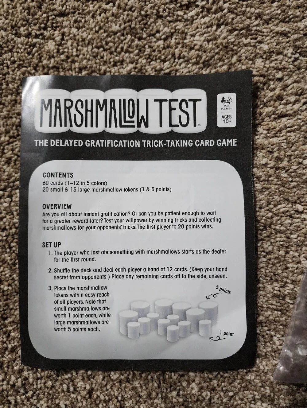 Marshmallow Test Card Game with White Marshmallow Pieces